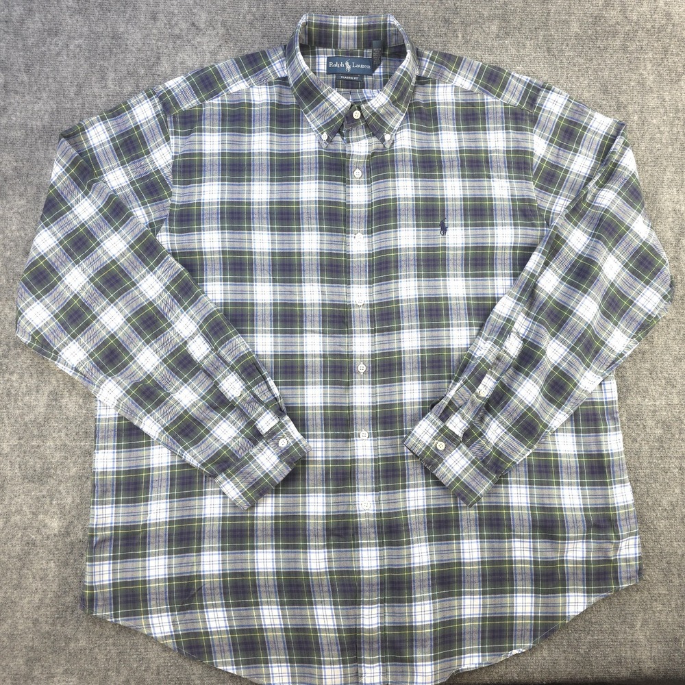 Ralph Lauren Shirt 2XL Classic Fit Green Plaid Long Sleeve‎ Button Down Pony